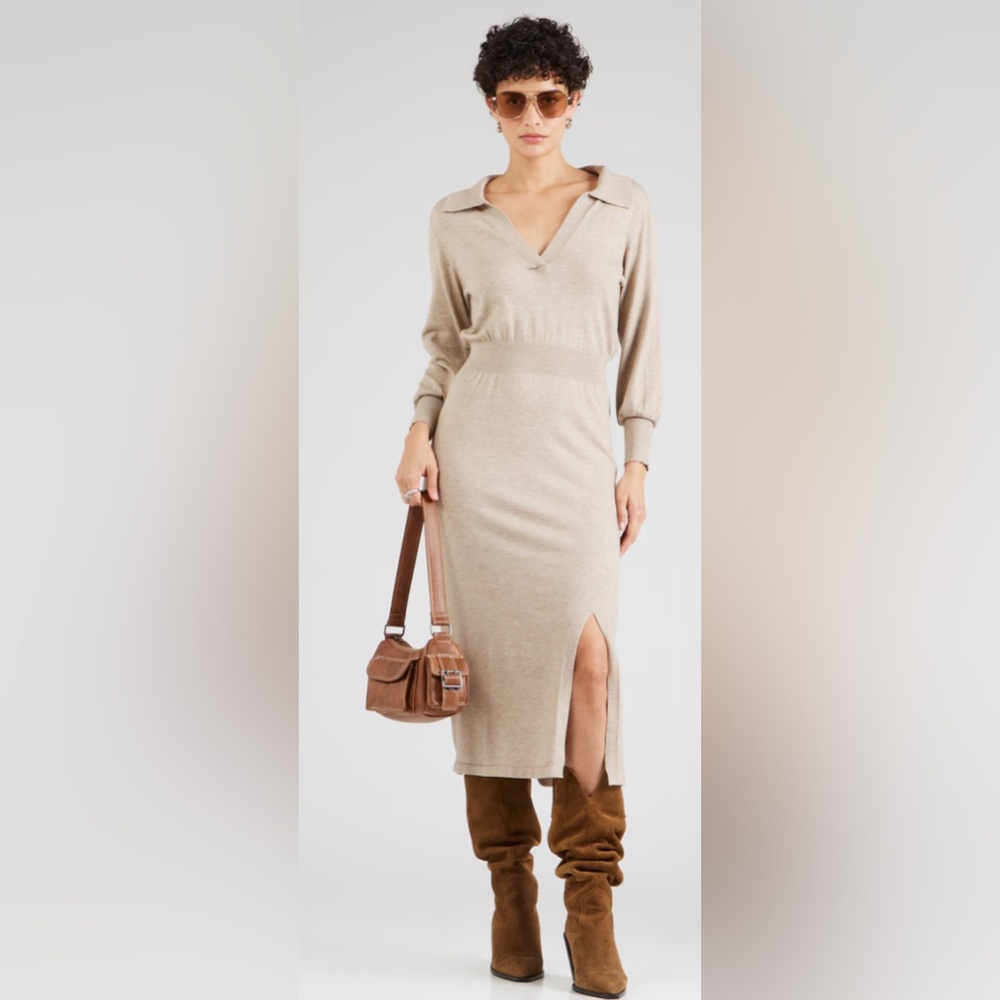 NICHOLAS Jade Midi Wool & Cotton Collared V Neck Long sleeve dress Oat Size XS